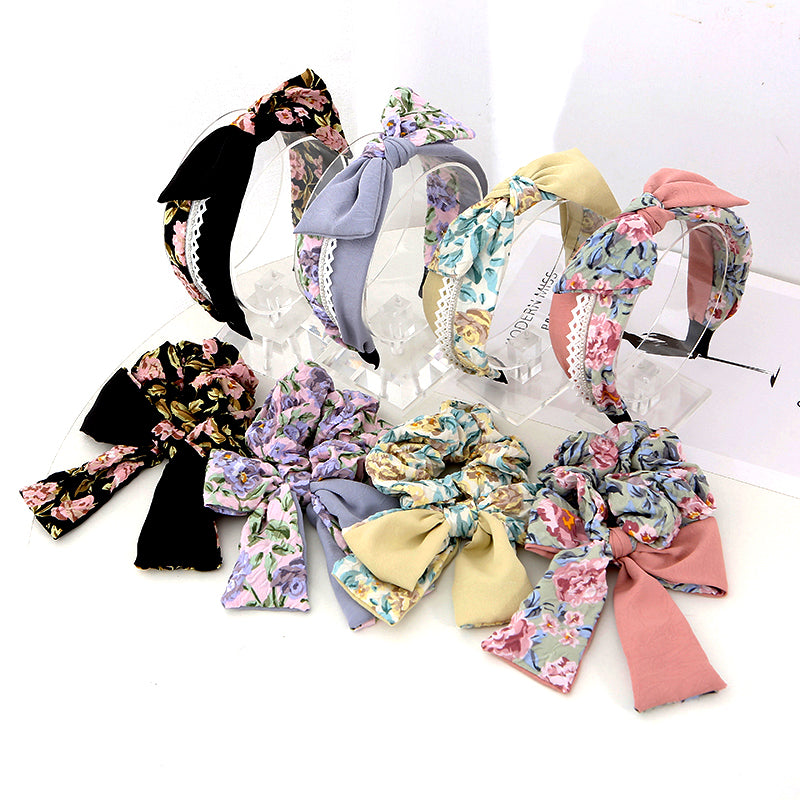 Fashion printing fabric Korean Double Bowknot Hair band Women Hair Accessories Spring Girls Hairbands bow Twisted Wide Headbands