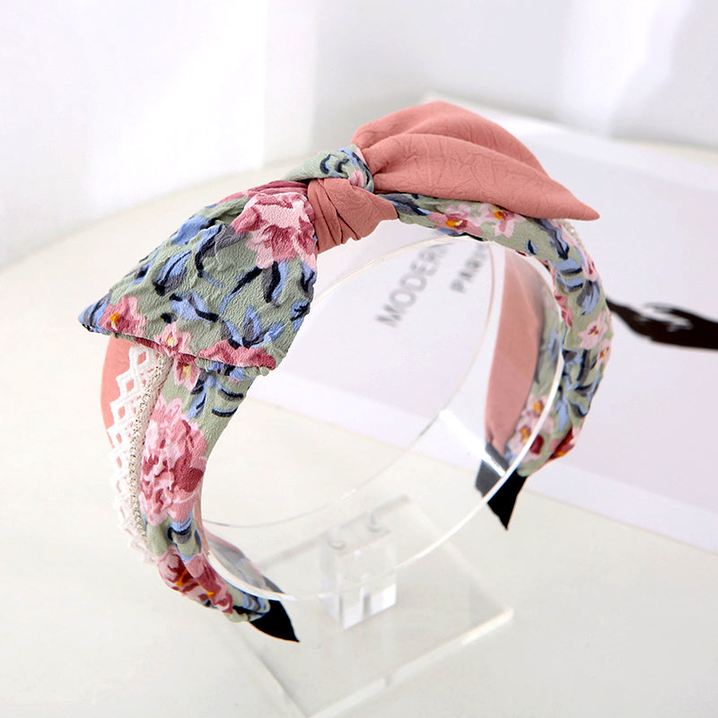 Fashion printing fabric Korean Double Bowknot Hair band Women Hair Accessories Spring Girls Hairbands bow Twisted Wide Headbands