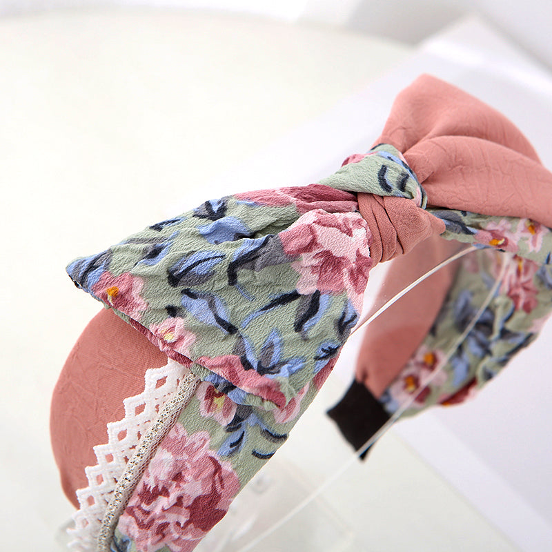 Fashion printing fabric Korean Double Bowknot Hair band Women Hair Accessories Spring Girls Hairbands bow Twisted Wide Headbands