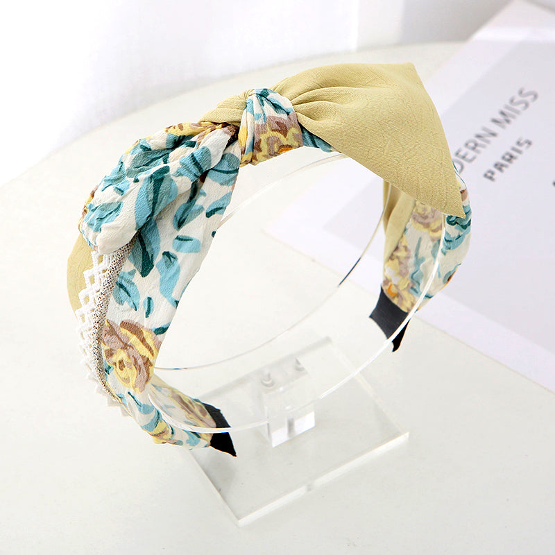 Fashion printing fabric Korean Double Bowknot Hair band Women Hair Accessories Spring Girls Hairbands bow Twisted Wide Headbands