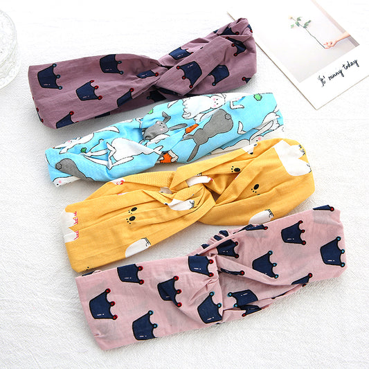 Fashion crown and rabbit Printed Pattern Elastic Girls Hairband bow kink headband hair band for kids elastic baby girl cotton cloth hair band