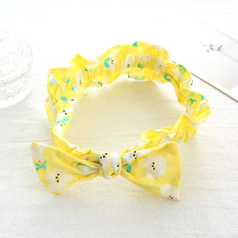 Cute bird and flower pattern cotton elastic pleated children hair band with soft wooden ears and bowknot decoration headband for baby girls