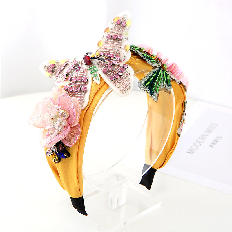 Fashionable hair accessories luxury rhinestone inlaid hair bow jewel hair band decorated with butterflies and flowers girl headbands